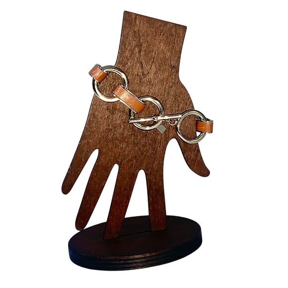 Banana Republic Chunky Gold Tone Tan Leather Link Toggle Bracelet EUC - Picture 5 of 9